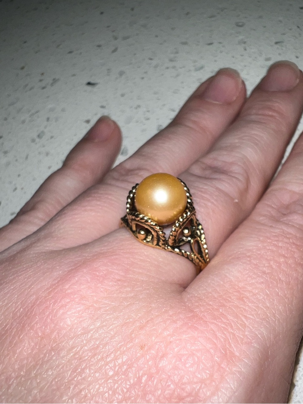 Vintage 1970's Pearl Ring Antiqued 18k Gold Electroplated